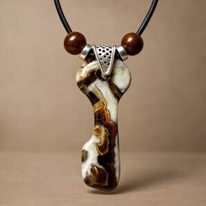 Custom Key Pendant Necklace on Leather Metallic Cord. Artisan crafted.